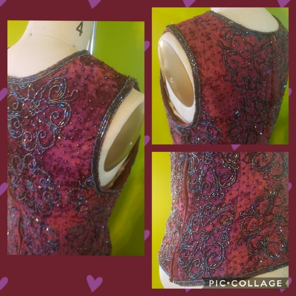Vintage 90s Burgundy Top with Iridescent Beading - Picture 4 of 6